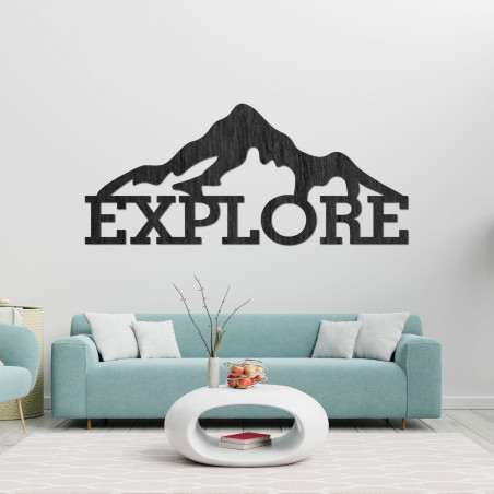 Vyřezávaný dřevěný obraz hory - EXPLORE