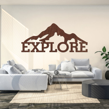 Vyřezávaný dřevěný obraz hory - EXPLORE