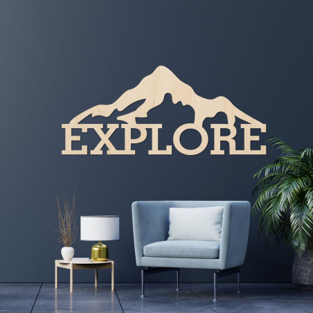 Vyřezávaný dřevěný obraz hory - EXPLORE