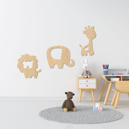 Dřevěná dekorace slon, lev, žirafa - SAFARI