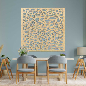 Designová stěna s laserovým motivem kvetoucího květu vytvořená ze dřeva. 2