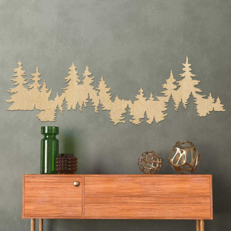 Detailní nástěnná silueta lesa ze světlého dřevěného materiálu. Detailní nástěnná silueta lesa ze světlého dřevěného materiálu.