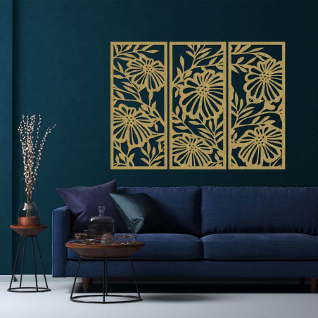 Třídílný dřevěný obraz na zeď s květinovým motivem - AMFIL