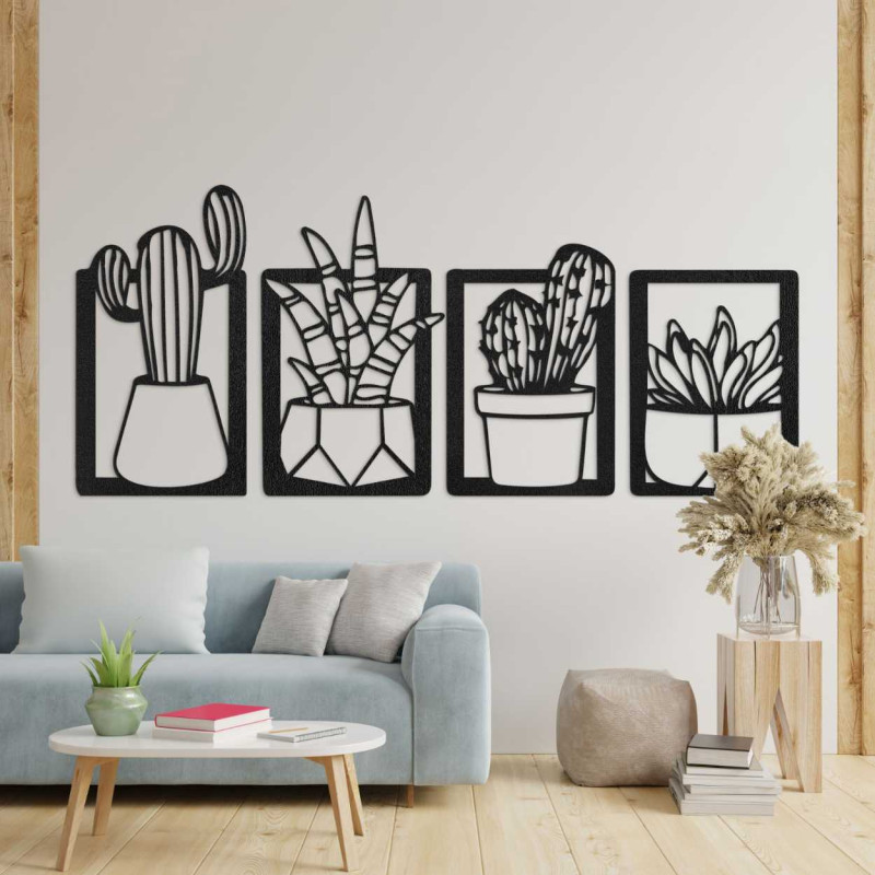 Designový dřevěný set obrazů s kaktusy v geometrických květináčích