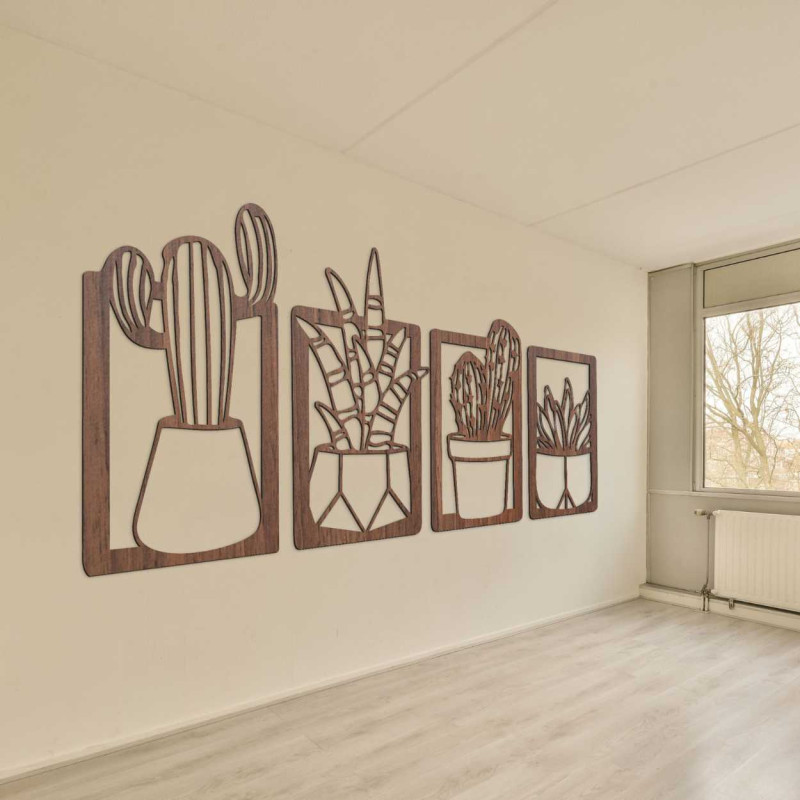 Rustikální dřevěná dekorace s jemnými motivy pokojových rostlin