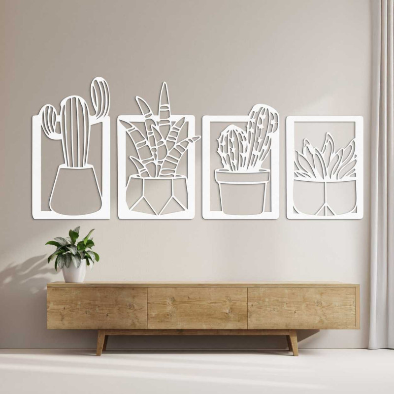 Stylový přírodní obraz ze dřeva se vzorem sukulentů a kaktusů
