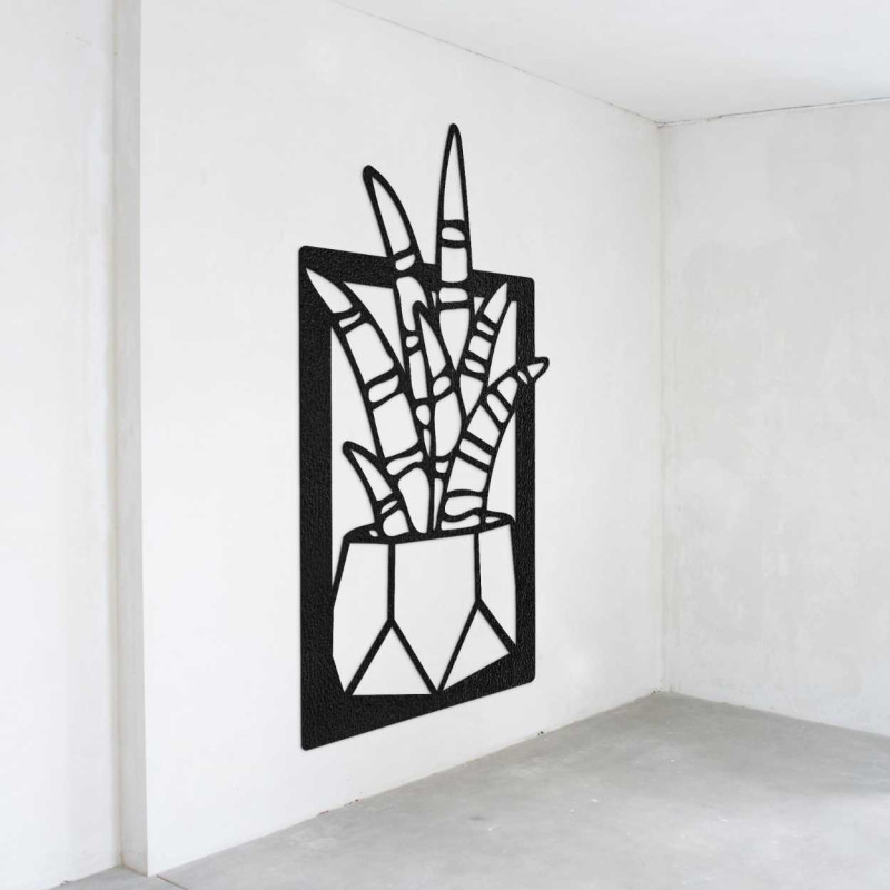 Nástěnná dřevěná dekorace s motivem přírodních rostlin a květináčů