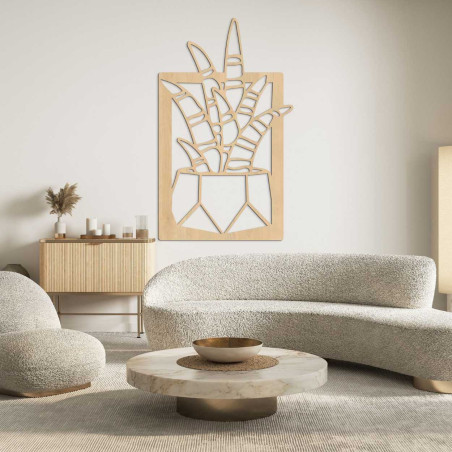 Rustikální dřevěná dekorace s jemnými motivy pokojových rostlin Rustikální dřevěná dekorace s jemnými motivy pokojových rostlin