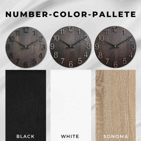 Kruhové hodiny ze dřeva s jemným přírodním motivem a čitelnými číslicemi.