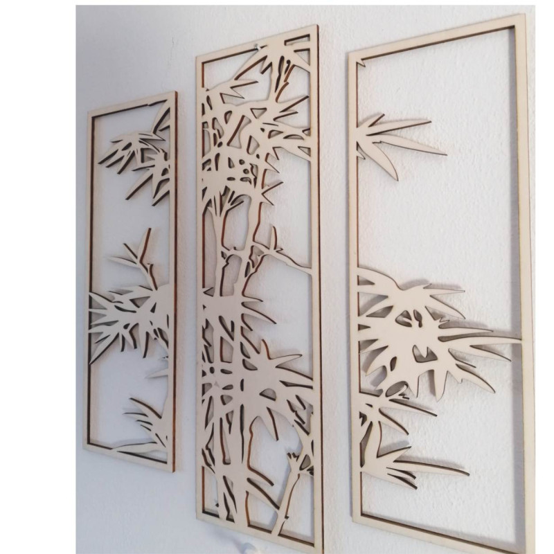 Černý třídílný kovový obraz s bambusem – stylový doplněk do obývacího pokoje nebo kanceláře