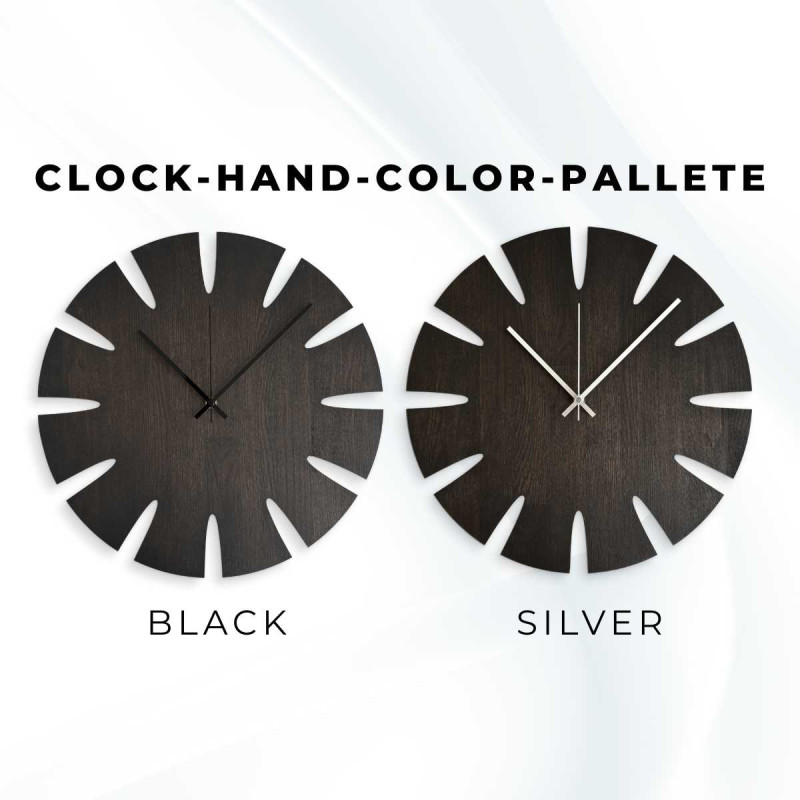 Velké dřevěné hodiny s jednoduchým ciferníkem určené pro moderní interiér.