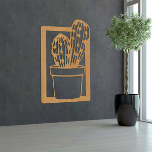 Vyřezávaný dřevěný obraz s motivem kaktusu, vhodný do obývacího pokoje nebo kuchyně.