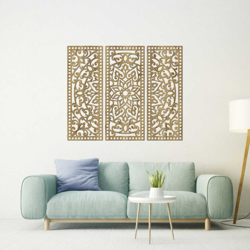 Květinová mandala ze dřeva – boho 3dílná nástěnná dekorace