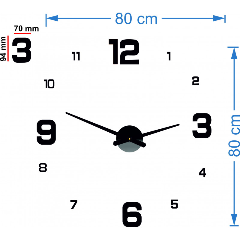 Rozměry nástěnné samolepky hodiny, desing nástěnné hodiny